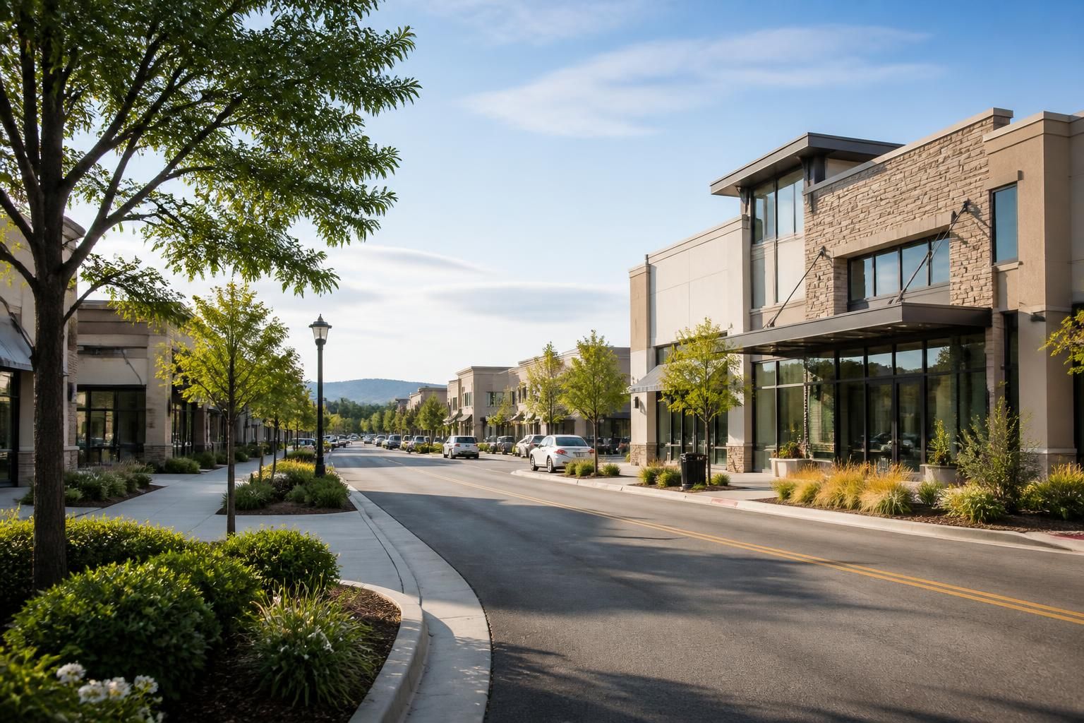 Suburban commercial district edge with clean streets and landscaped greenery