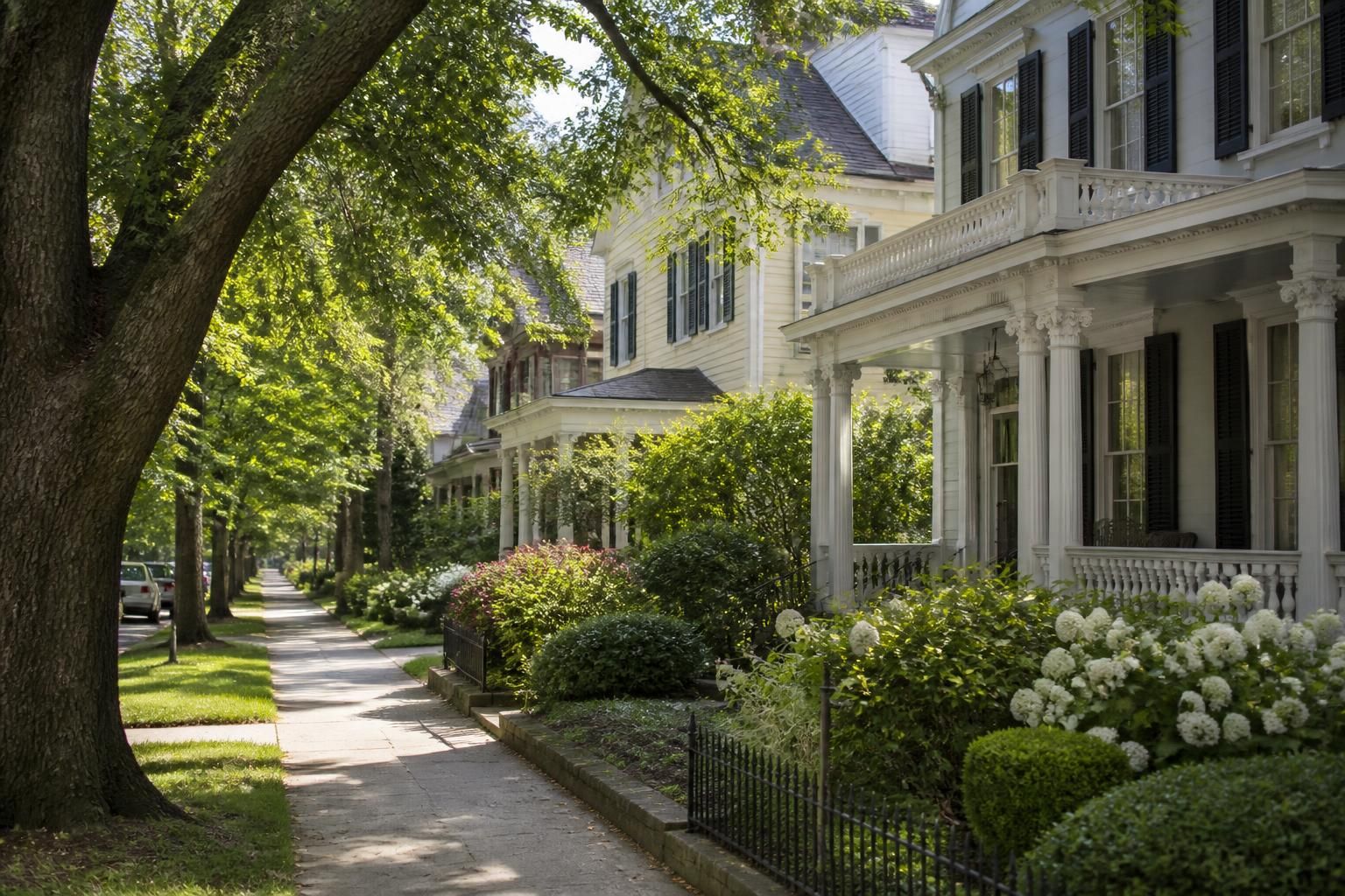 Tree-lined street with historic homes and manicured front gardens