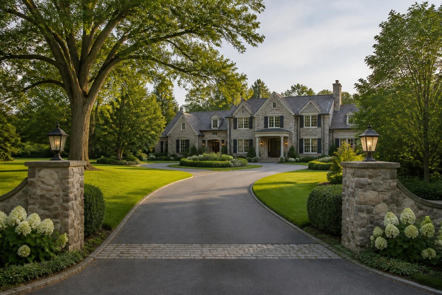 Upscale residential scene with spacious lawns and mature landscaping