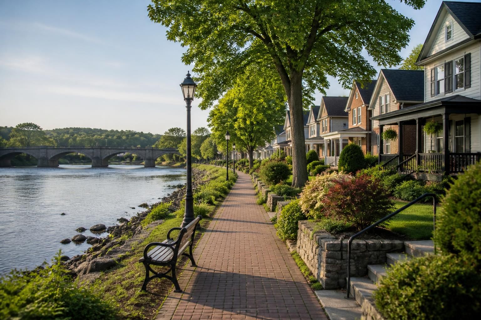 Riverside town neighborhood with tidy homes and green trees