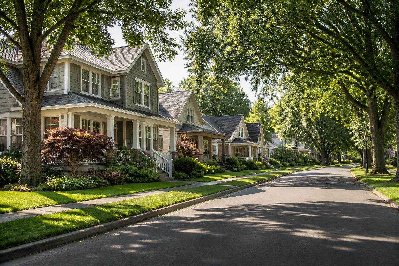 Suburban neighborhood street with mature trees and tidy homes