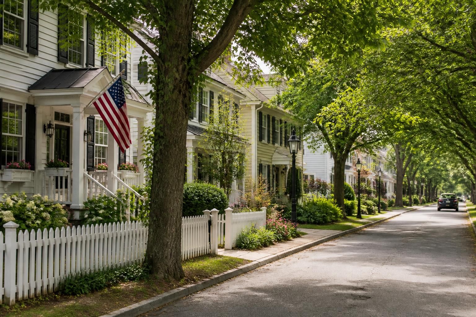 Village-style residential street with charming homes and mature trees