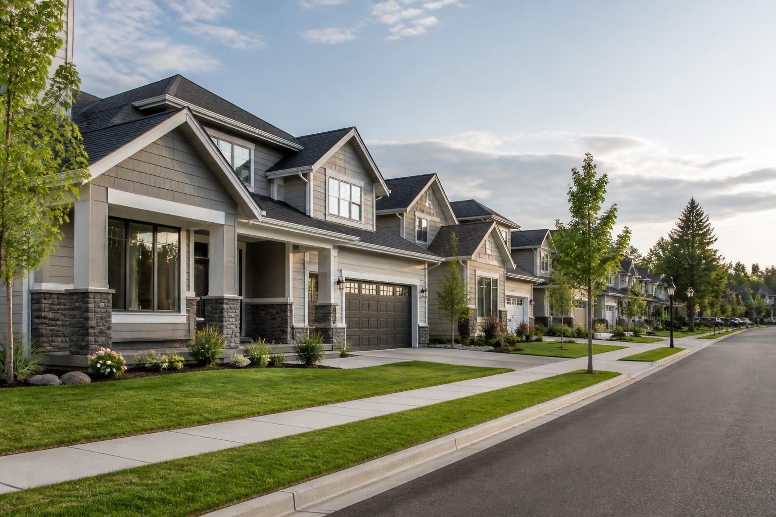Suburban neighborhood with modern homes and neat lawns