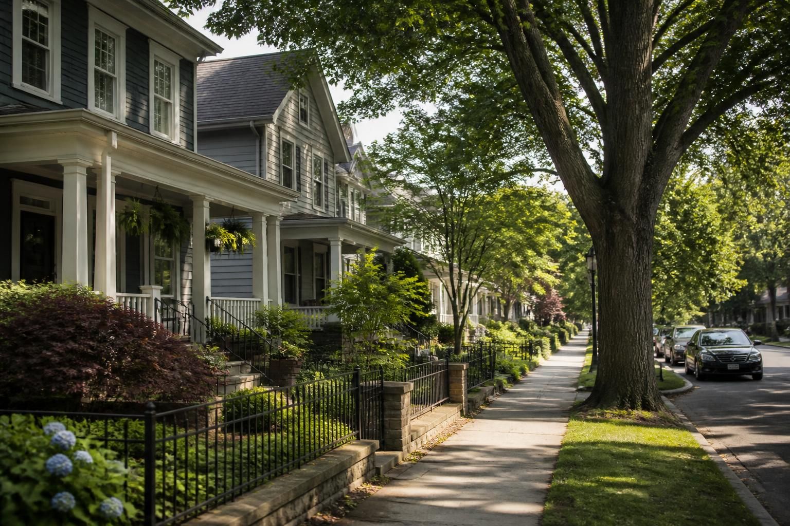 Downtown-adjacent residential street with well-kept homes and shade trees
