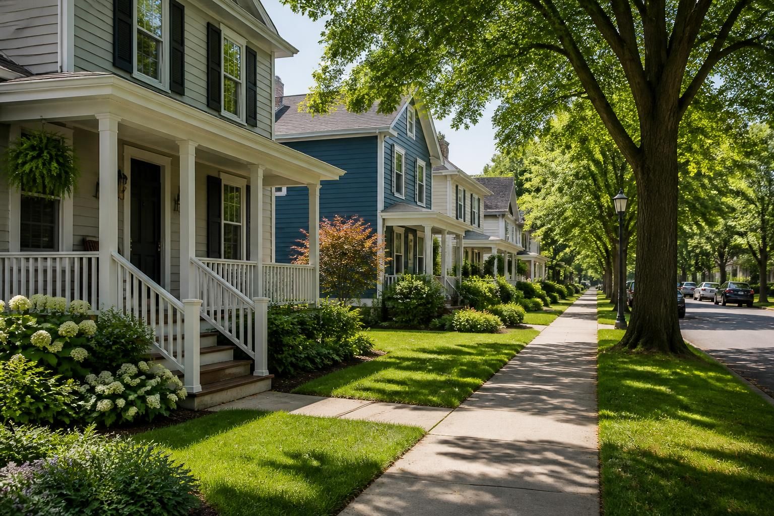Small-town residential street with classic homes and leafy shade trees