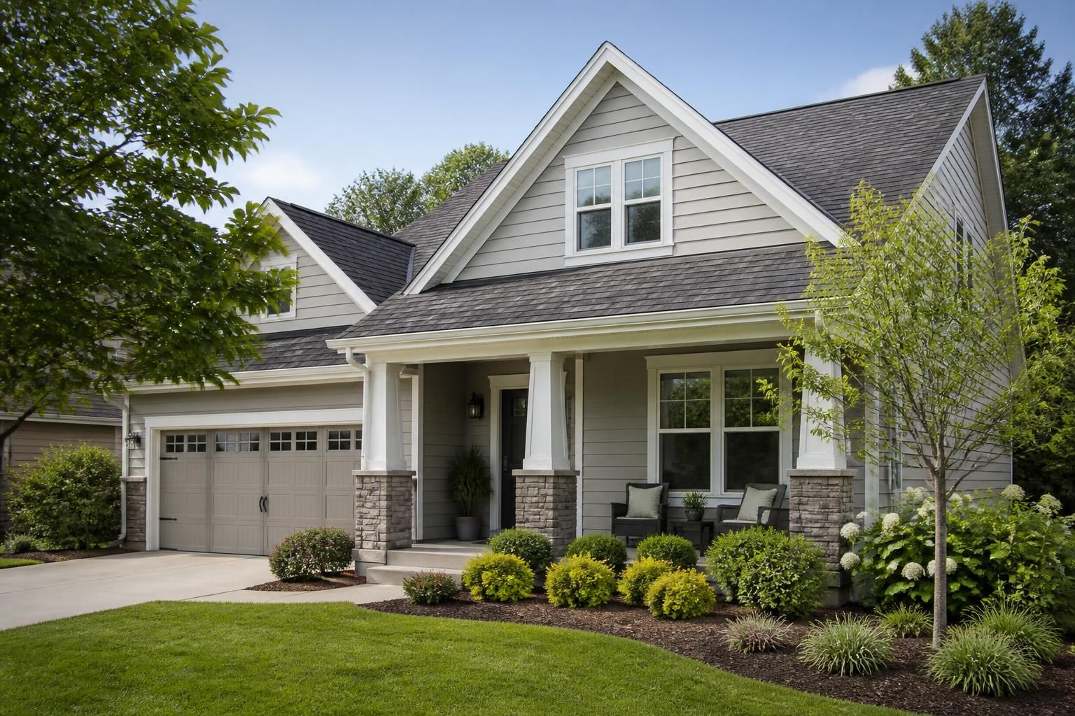 Well-kept suburban home exterior with tidy landscaping and clean roofline